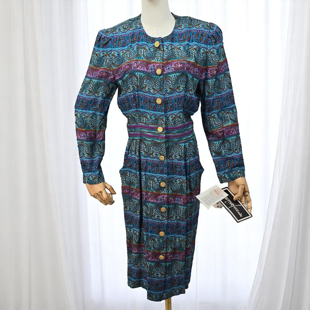 VTG Positive Attitude Paisley Dress Woman 11/12 Button Front Secretary Midi‎ NWT